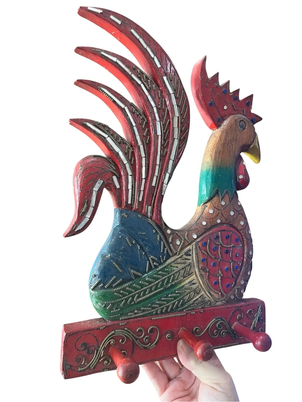 Vintage Balinese Rooster folk art key holder wall decor